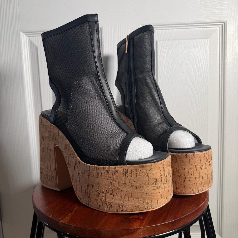 Black Mesh Open Toe & Heel Super Tall 6 Inch Platform Faux Cork Ankle Boots